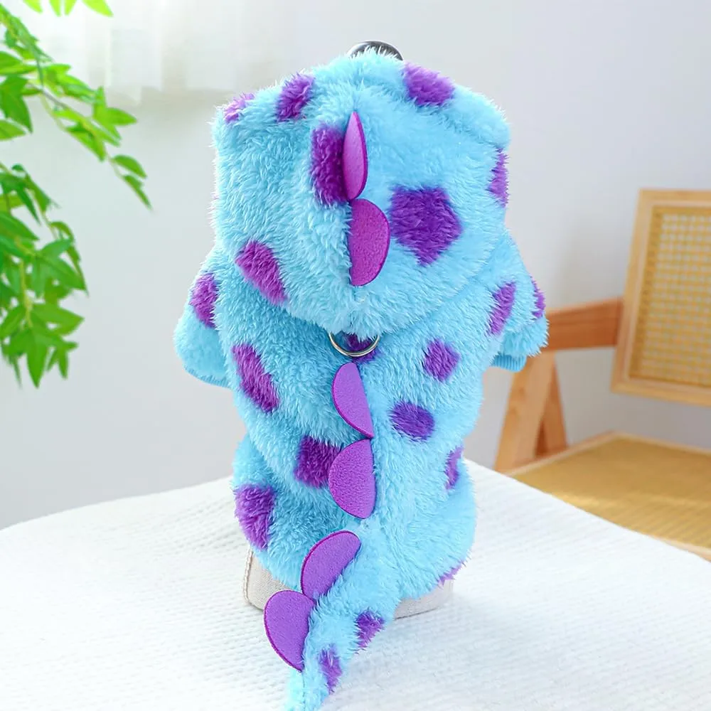 Dinosaur Dog Clothes for Girl Boy Puppy, Fleece Winter Puppy Hoodies with Leash Ring, Funny Dog Dinosaur Costume for Christmas Halloween. (Blue-2, Medium)