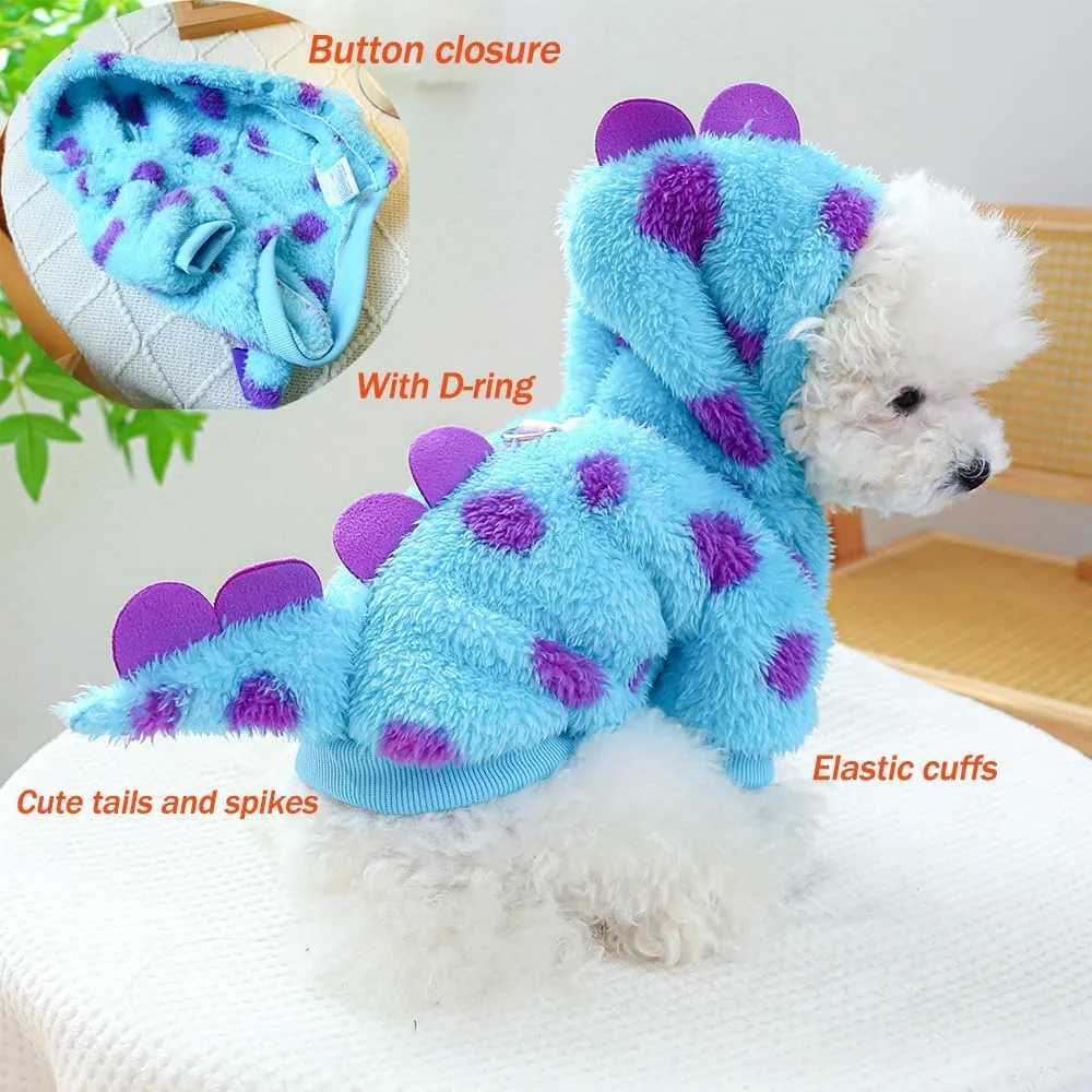 Dinosaur Dog Clothes for Girl Boy Puppy, Fleece Winter Puppy Hoodies with Leash Ring, Funny Dog Dinosaur Costume for Christmas Halloween. (Blue-2, Medium)