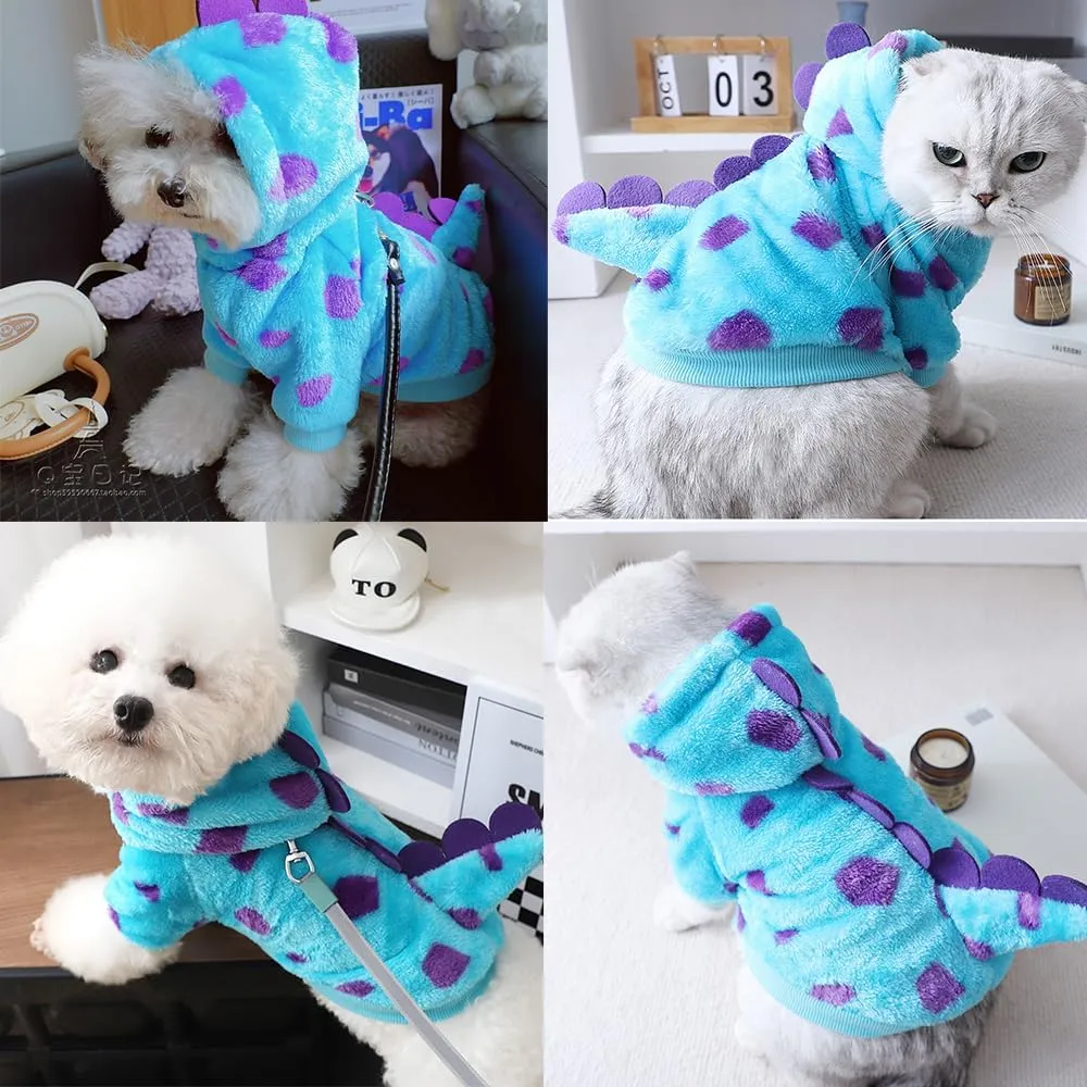 Dinosaur Dog Clothes for Girl Boy Puppy, Fleece Winter Puppy Hoodies with Leash Ring, Funny Dog Dinosaur Costume for Christmas Halloween. (Blue-2, Medium)