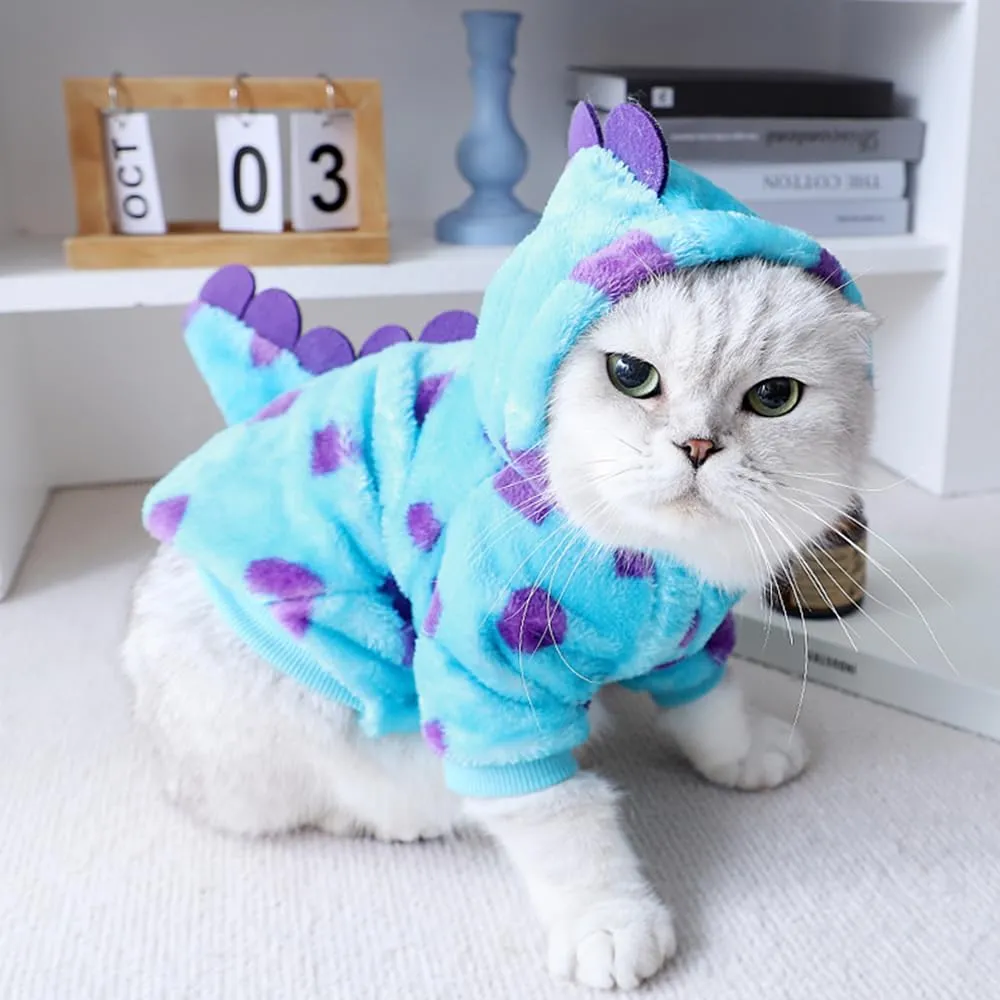 Dinosaur Dog Clothes for Girl Boy Puppy, Fleece Winter Puppy Hoodies with Leash Ring, Funny Dog Dinosaur Costume for Christmas Halloween. (Blue-2, Medium)