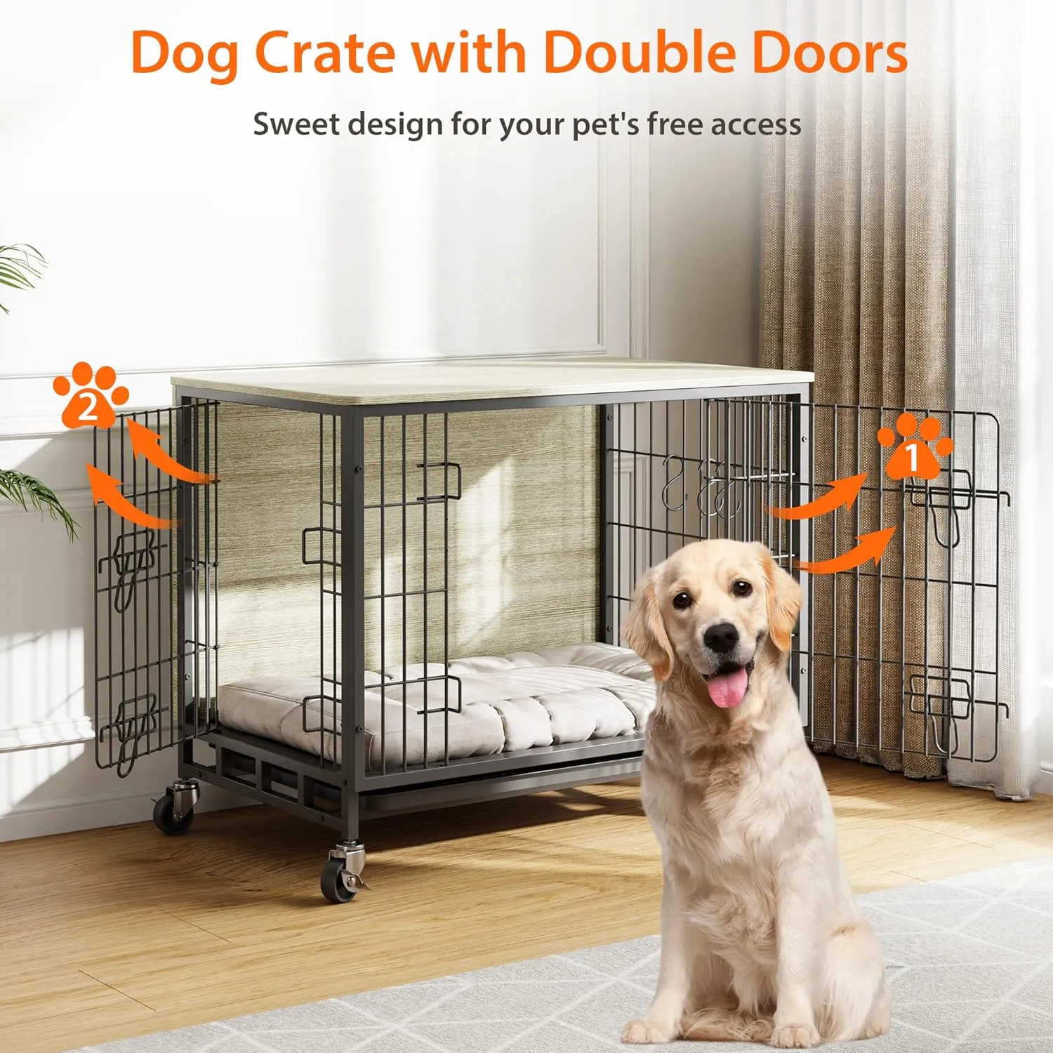 Dog Crate Furniture, 27.2" L Indoor Kennel with Double Doors, Wheels & Removable Tray, Sturdy Dog Cage with Easy Assembly, Rustic Grey