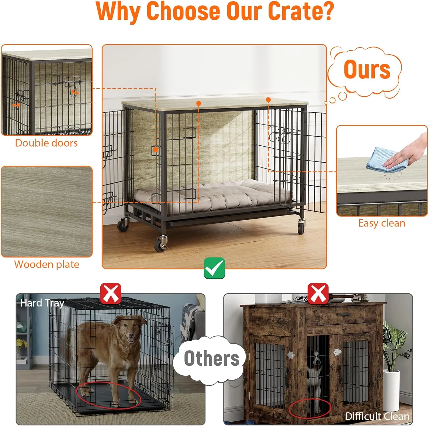 Dog Crate Furniture, 27.2" L Indoor Kennel with Double Doors, Wheels & Removable Tray, Sturdy Dog Cage with Easy Assembly, Rustic Grey