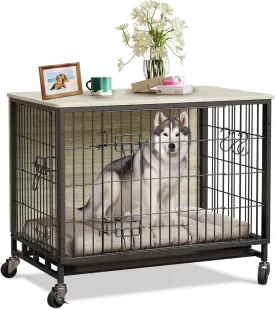 Dog Crate Furniture, 27.2" L Indoor Kennel with Double Doors, Wheels & Removable Tray, Sturdy Dog Cage with Easy Assembly, Rustic Grey