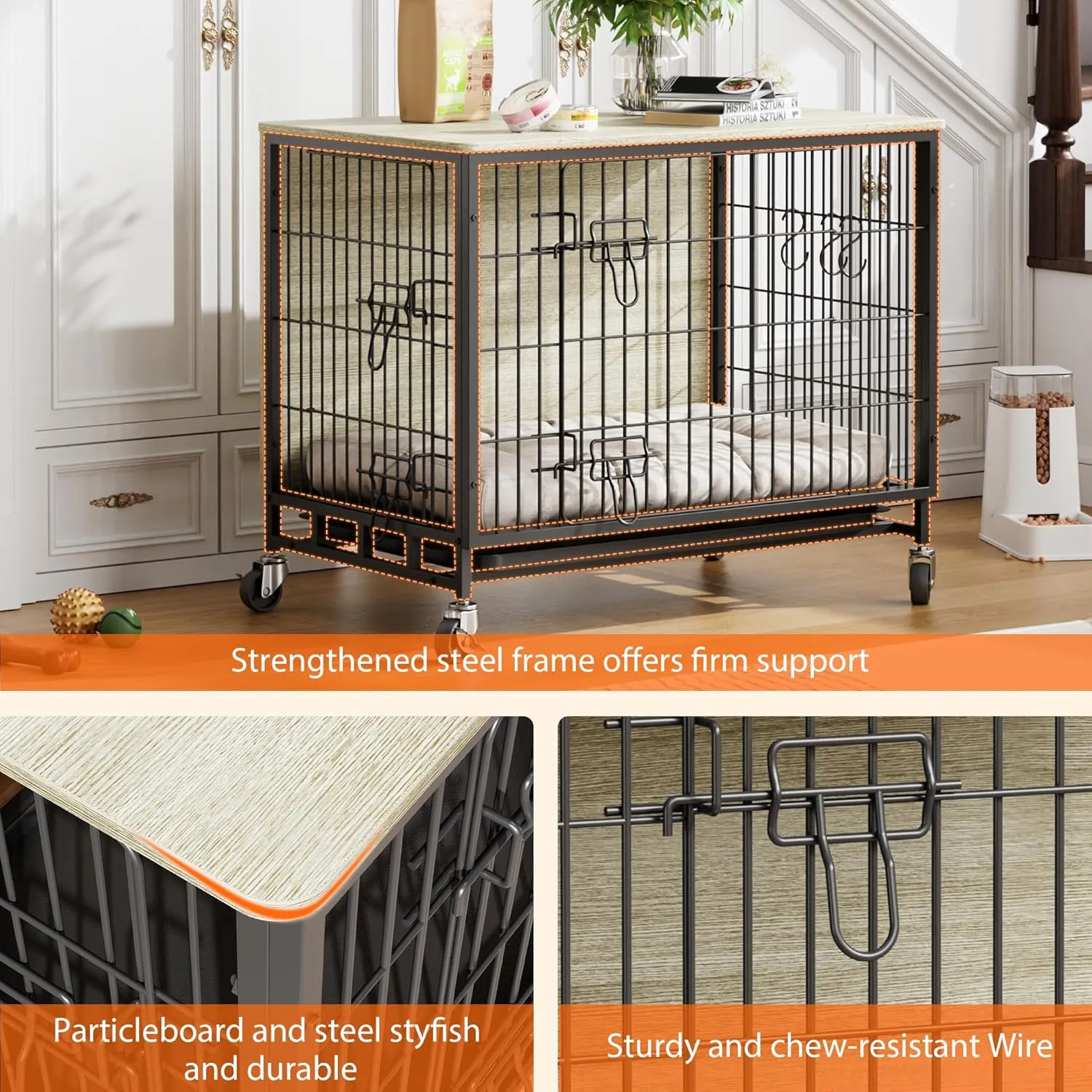Dog Crate Furniture, 27.2" L Indoor Kennel with Double Doors, Wheels & Removable Tray, Sturdy Dog Cage with Easy Assembly, Rustic Grey