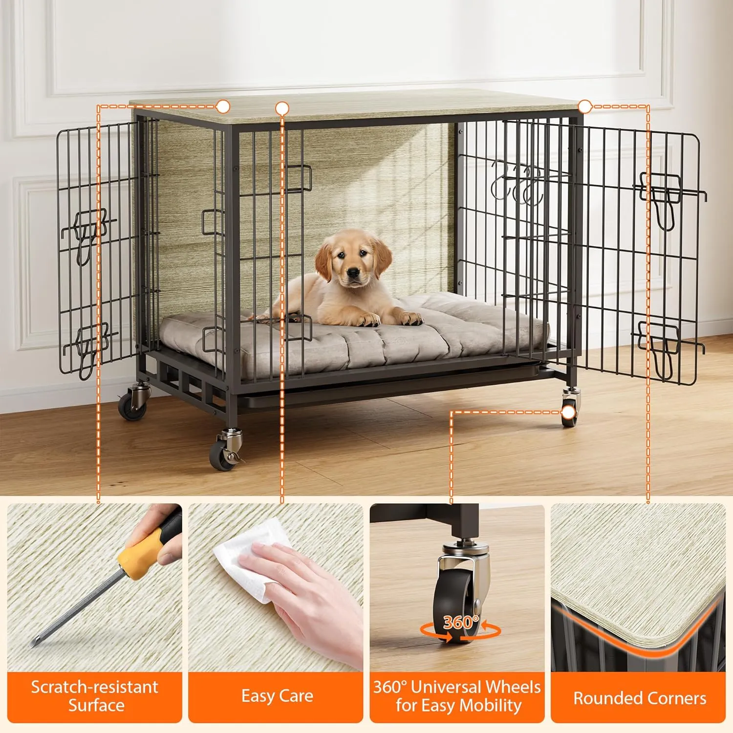 Dog Crate Furniture, 27.2" L Indoor Kennel with Double Doors, Wheels & Removable Tray, Sturdy Dog Cage with Easy Assembly, Rustic Grey