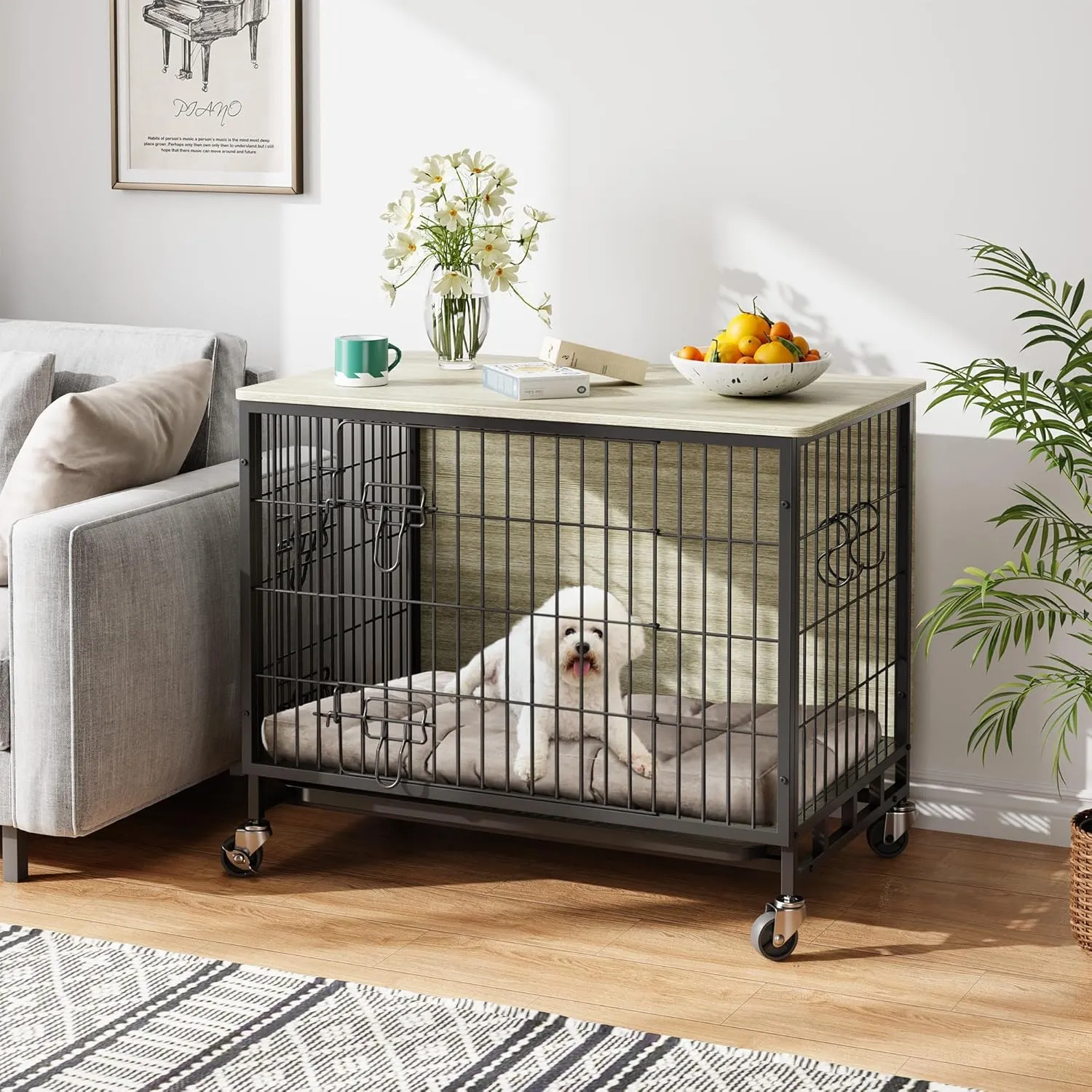 Dog Crate Furniture, 27.2" L Indoor Kennel with Double Doors, Wheels & Removable Tray, Sturdy Dog Cage with Easy Assembly, Rustic Grey