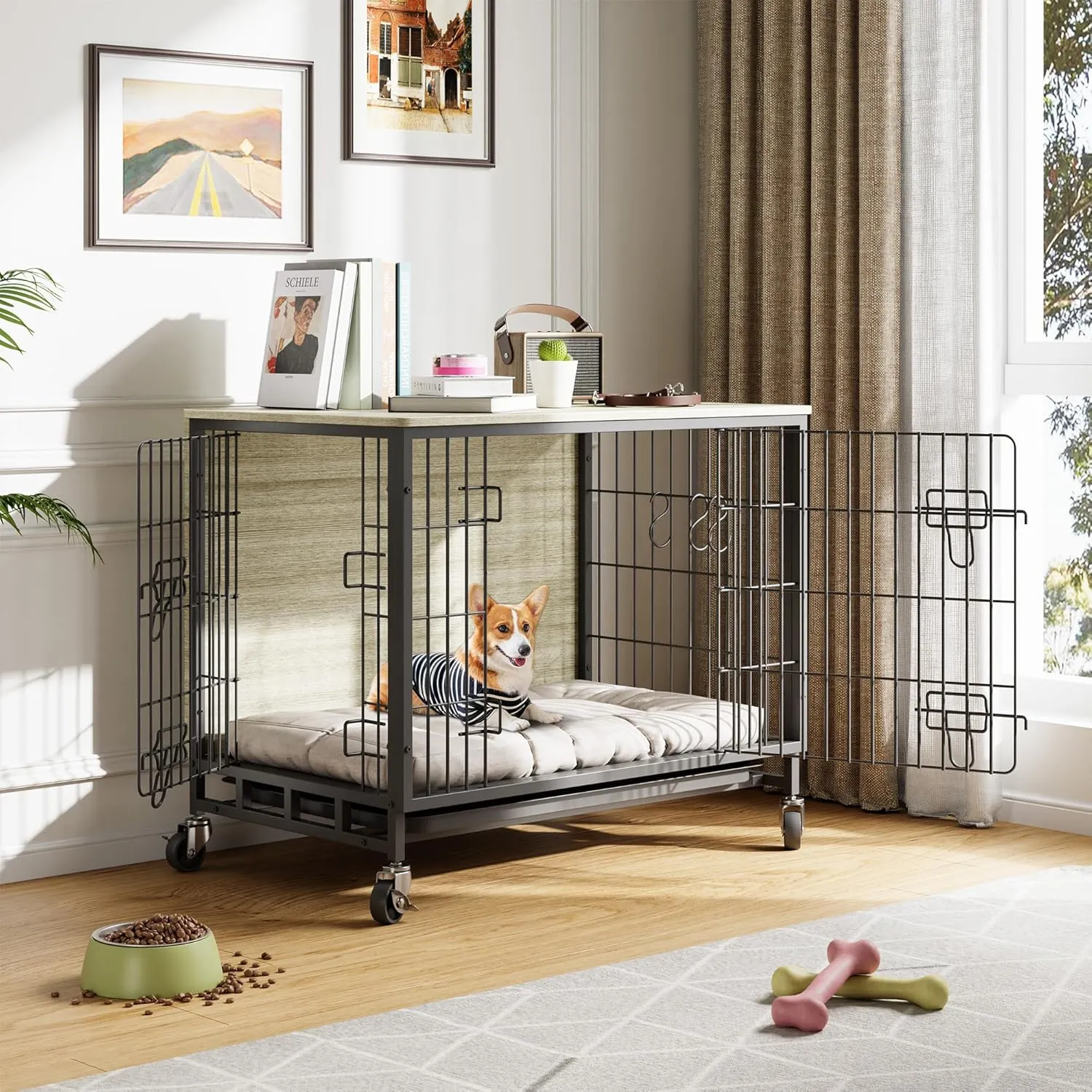 Dog Crate Furniture, 27.2" L Indoor Kennel with Double Doors, Wheels & Removable Tray, Sturdy Dog Cage with Easy Assembly, Rustic Grey