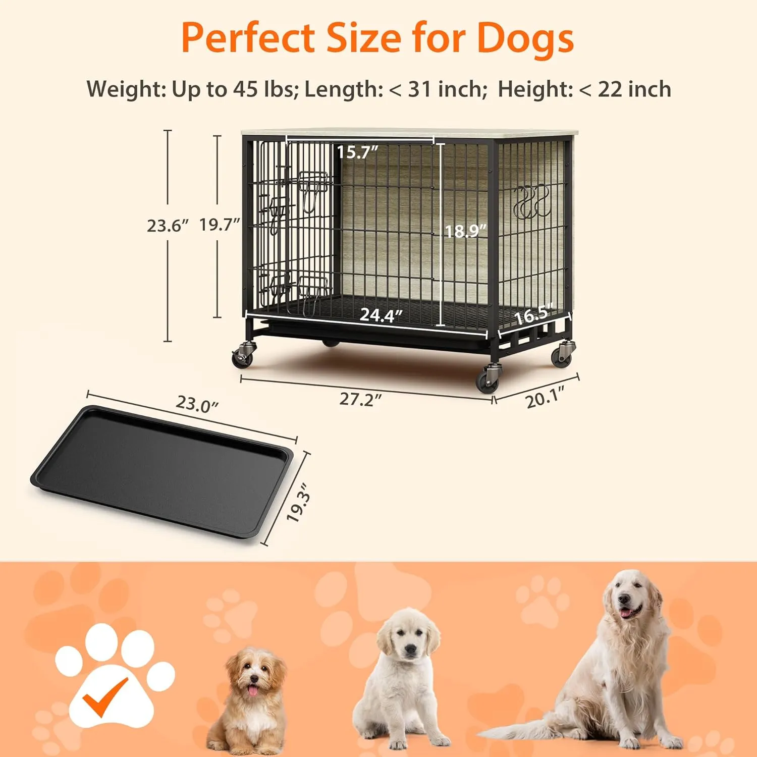 Dog Crate Furniture, 27.2" L Indoor Kennel with Double Doors, Wheels & Removable Tray, Sturdy Dog Cage with Easy Assembly, Rustic Grey