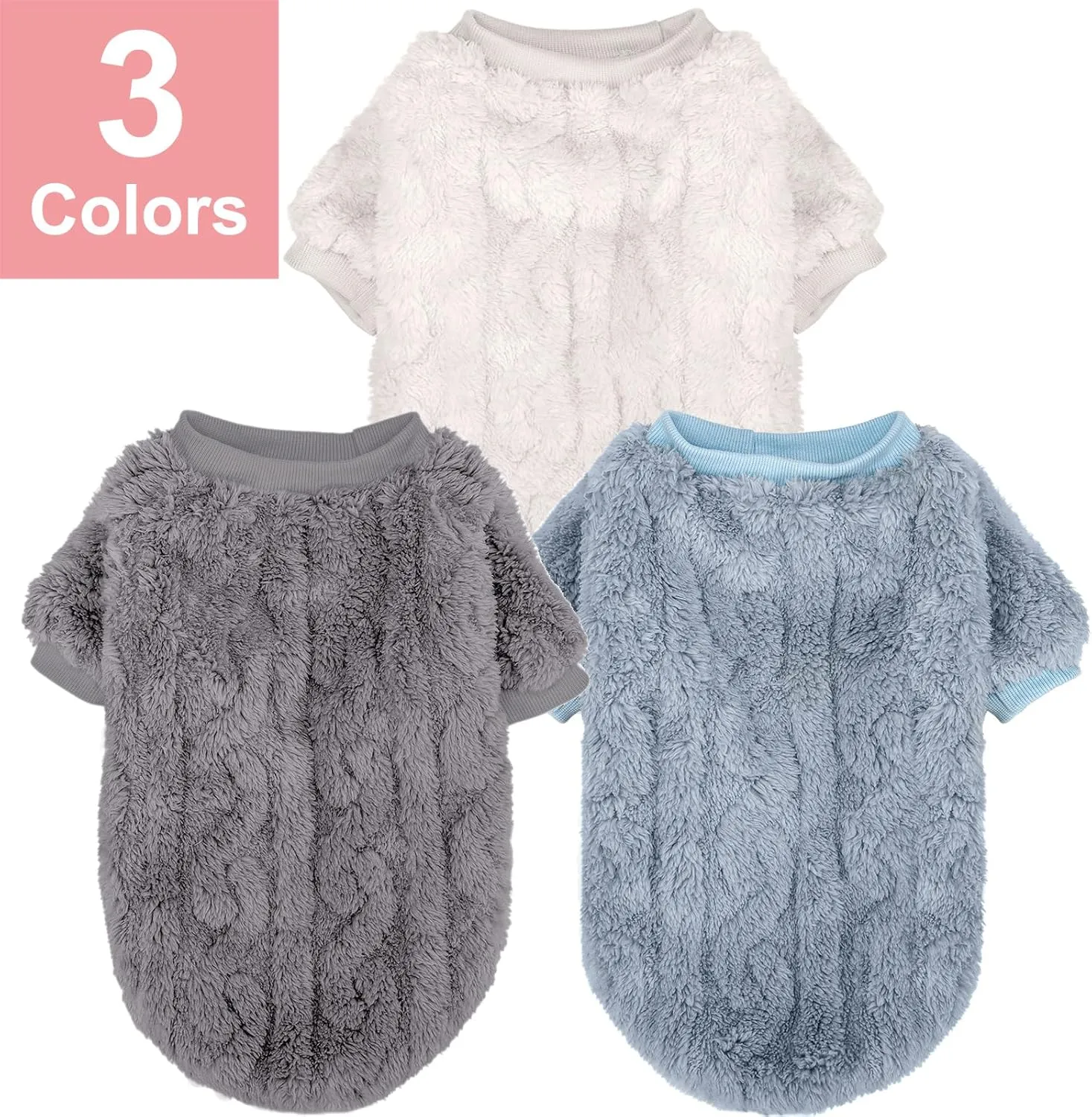 Dog Sweater, 3 Pack Dog Sweaters for Small Dogs or Cats, Girl or Boy, Warm Dog Clothes Shirt Coat for Winter Christmas (Light Grey, Light Blue, White, Small)