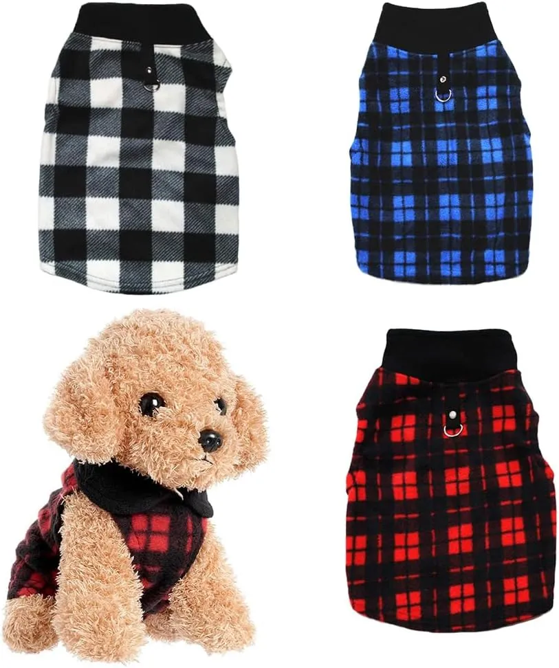 Dog Sweater 3 Pcs, Soft Fleece Vest with Leash Ring Pullover Jacket Winter Pet Dog Clothes for Puppy Small Dogs Cats Teddy Chihuahua YorkshirePlaid,L