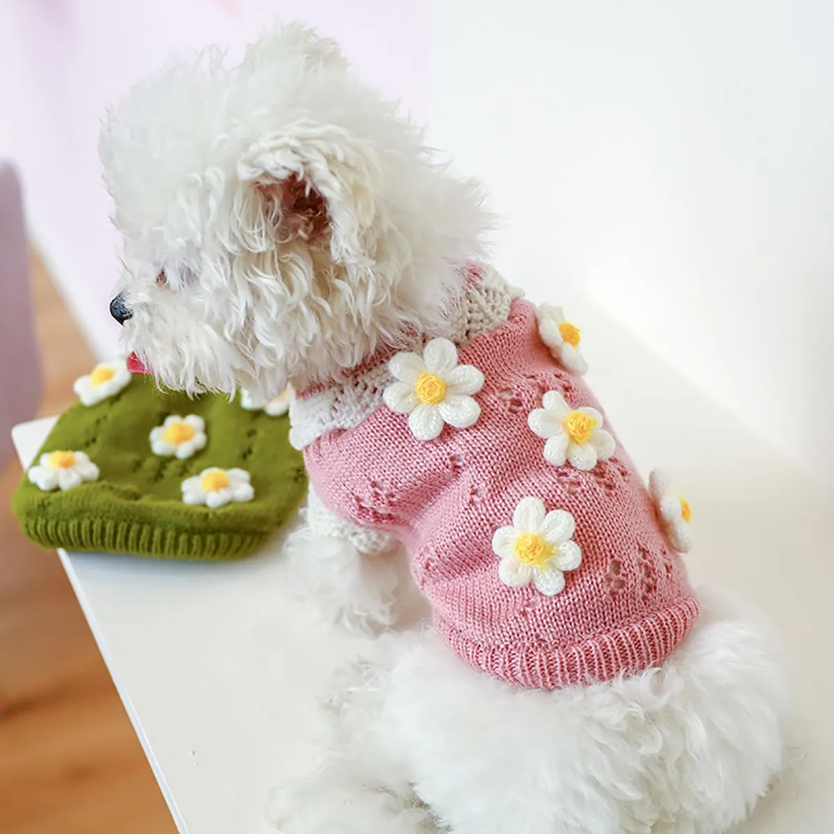 Dog Sweater for Small Dogs Girl Cute Flower Puppy Knitted Sweater Winter Knitwear Small Dog Christmas Clothes Cat Lightweight Warm Pullover Outfits Chihuahua Yorkie Teacup Birthday Holiday Dog Clothes