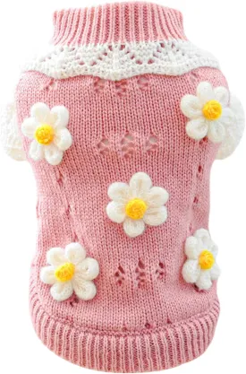 Dog Sweater for Small Dogs Girl Cute Flower Puppy Knitted Sweater Winter Knitwear Small Dog Christmas Clothes Cat Lightweight Warm Pullover Outfits Chihuahua Yorkie Teacup Birthday Holiday Dog Clothes