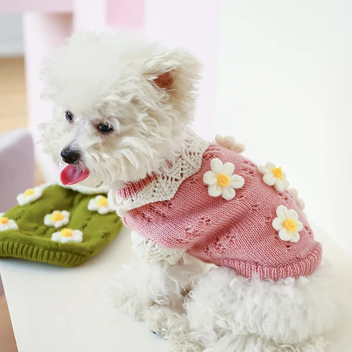 Dog Sweater for Small Dogs Girl Cute Flower Puppy Knitted Sweater Winter Knitwear Small Dog Christmas Clothes Cat Lightweight Warm Pullover Outfits Chihuahua Yorkie Teacup Birthday Holiday Dog Clothes