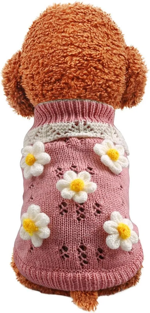 Dog Sweater for Small Dogs Girl Cute Flower Puppy Knitted Sweater Winter Knitwear Small Dog Christmas Clothes Cat Lightweight Warm Pullover Outfits Chihuahua Yorkie Teacup Birthday Holiday Dog Clothes