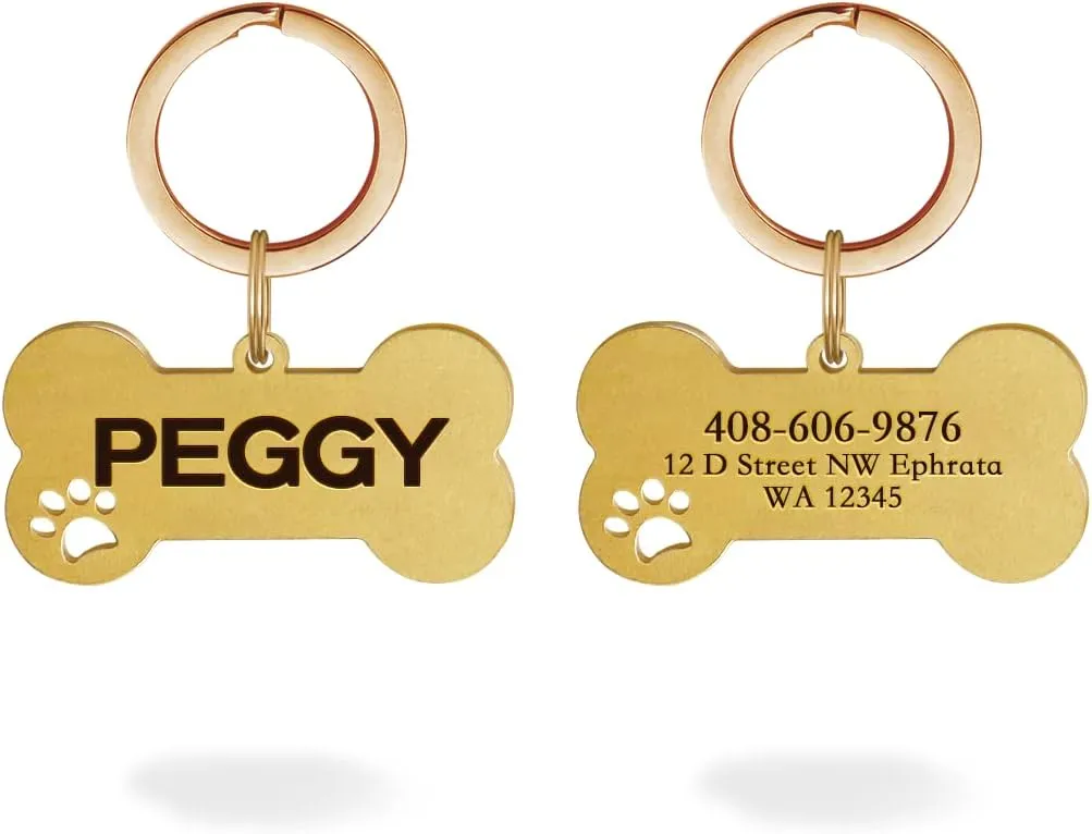 Dogs ID Tags Personalized Double Sided Deep Engraved Cat & Dog Collar Charm Bone Shape Brass