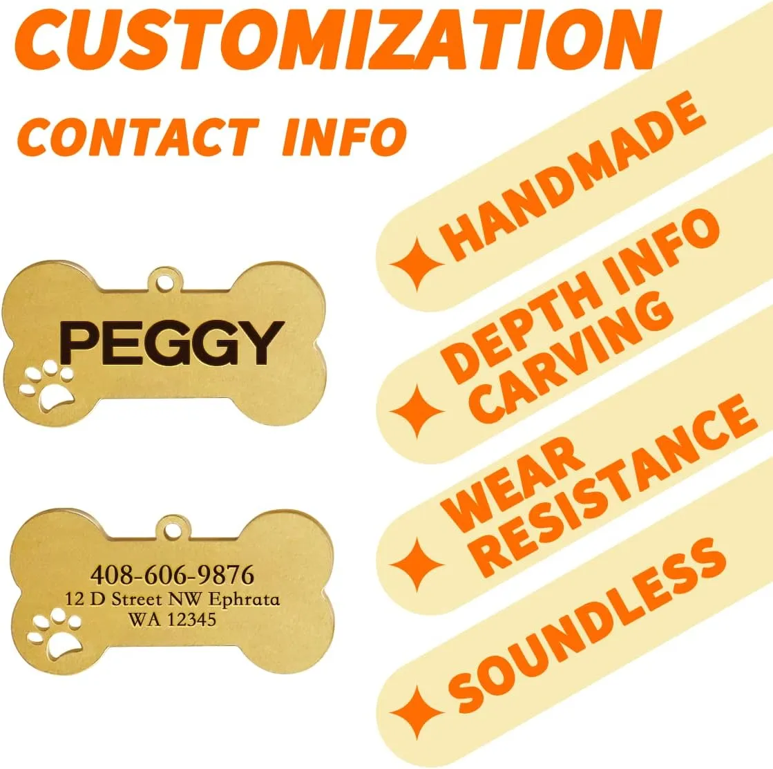 Dogs ID Tags Personalized Double Sided Deep Engraved Cat & Dog Collar Charm Bone Shape Brass