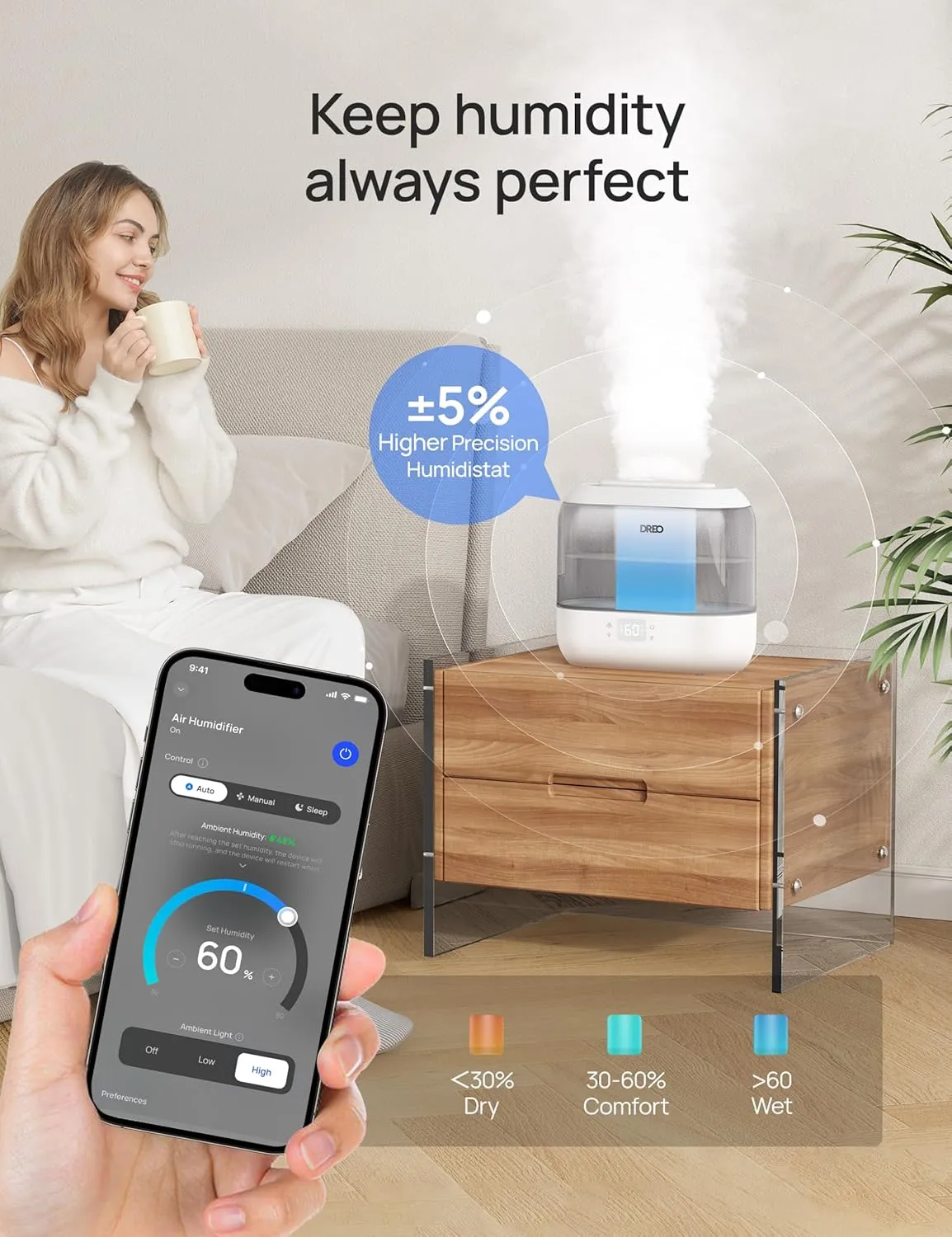 Dreo Smart Humidifiers for Bedroom, Top Fill 4L Cool Mist Humidifier with Nightlight, 32H Runtime, Touch/APP/Voice Control, Quiet Ultrasonic Humidifiers for Large Room, Home, Baby, Plants, Office