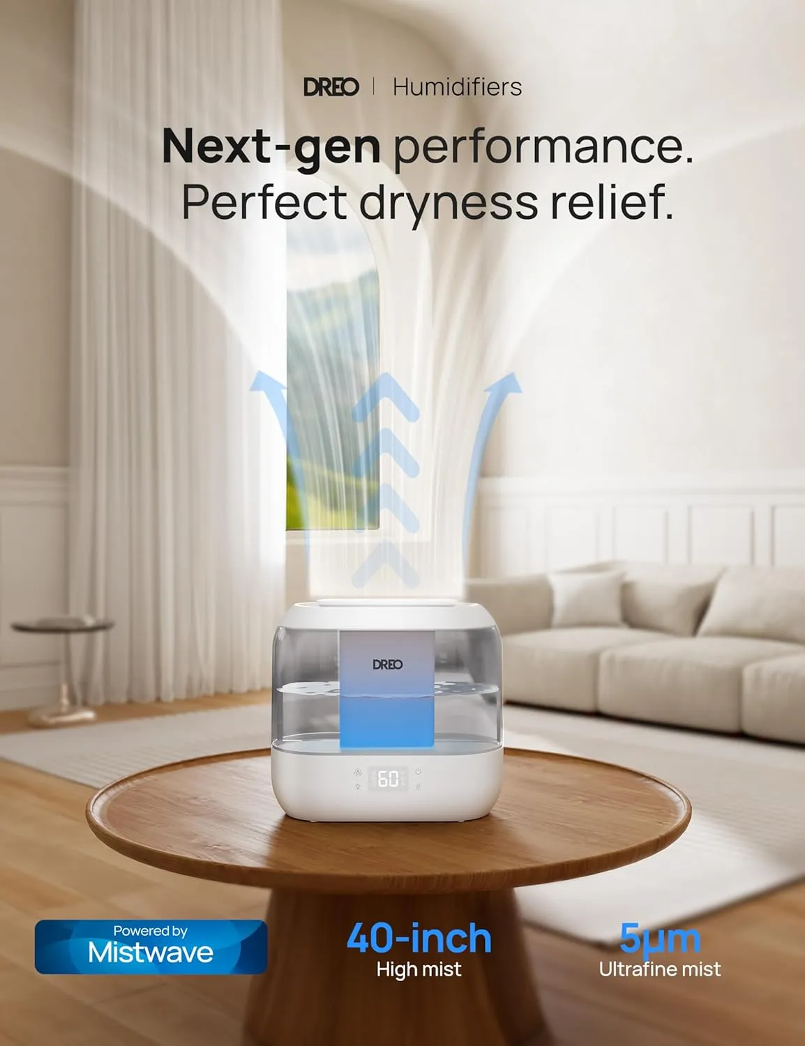 Dreo Smart Humidifiers for Bedroom, Top Fill 4L Cool Mist Humidifier with Nightlight, 32H Runtime, Touch/APP/Voice Control, Quiet Ultrasonic Humidifiers for Large Room, Home, Baby, Plants, Office
