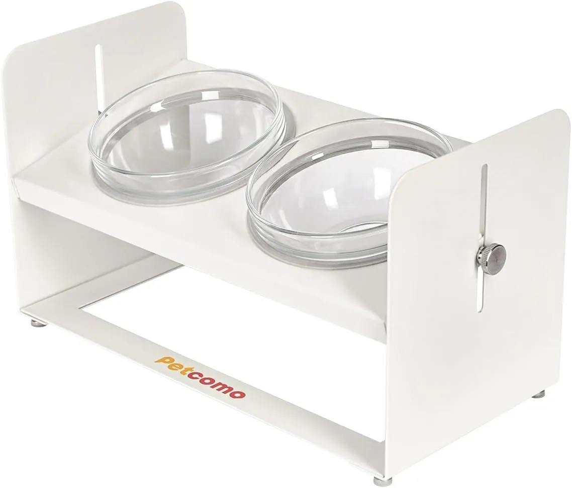 Elevated Dog and Cat Bowl Stand  Adjustable Height, White Steel Tilted Stand with 2 Glass Feeding Dishes for Food and Water - MK2070A