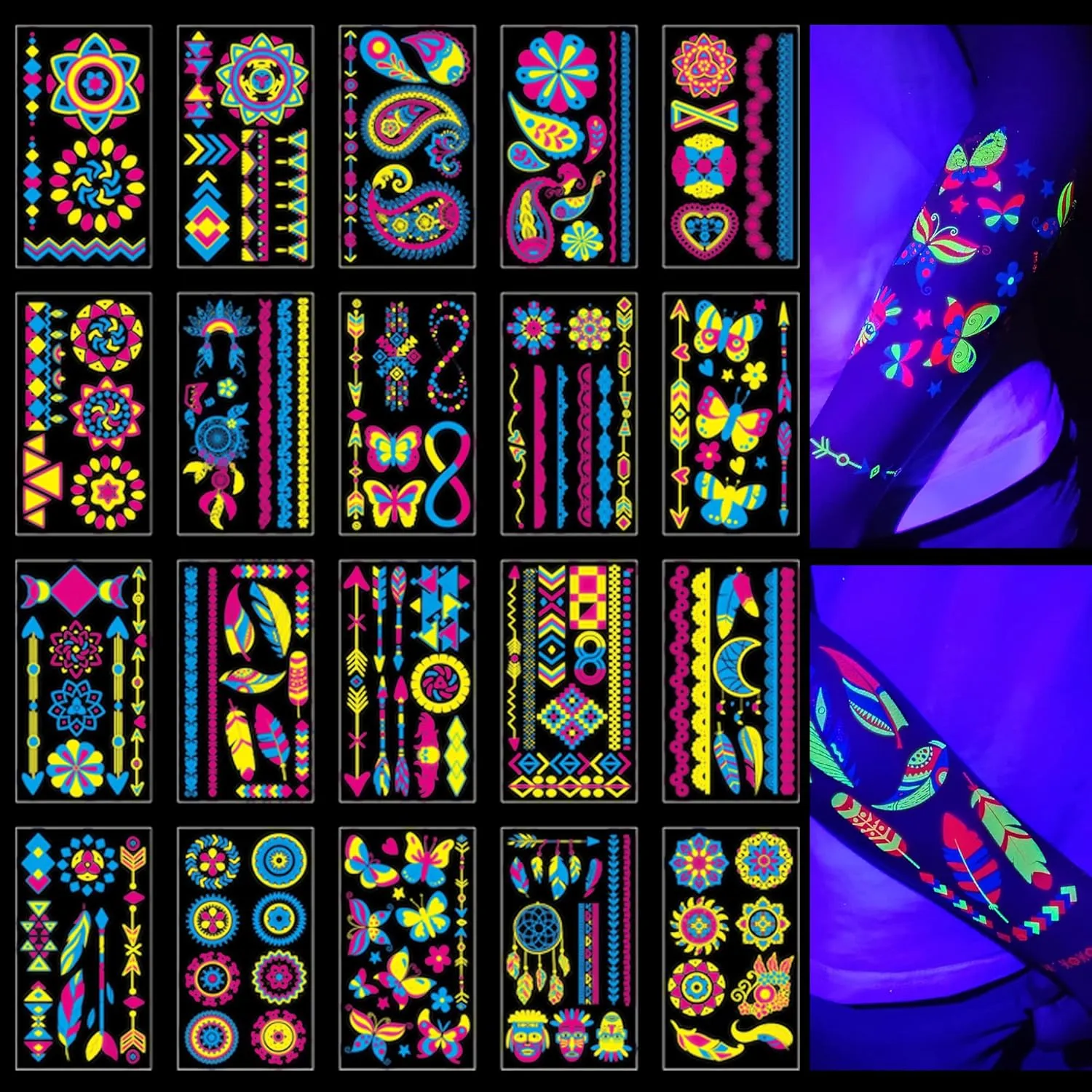 Glow in the Dark Tattoos 172 PCS  Glow in the Dark Party Supplies, Neon Body Paint Be UV Blacklight Reactive Face Temporary Tattoos for Adults, Teens | Neon Accessories, Party Favors & Decorations
