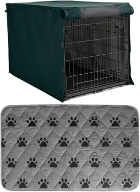 Gorilla Grip Dog Crate Cover, Hunter Green 48 Inch and Reusable Puppy Pads, Paw Design 40x26, 2 Item Bundle