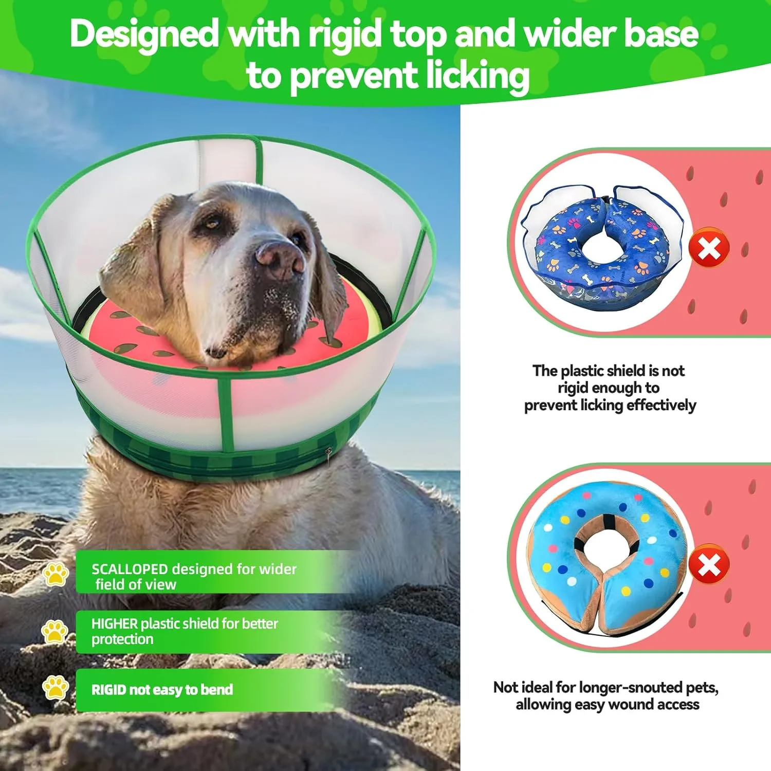 Inflatable Dog Cone Collar with Transparent Anti-Licking Shield, Soft Adjustable Elizabethan Collar for Medium Large Dogs, 2-in-1 Design with Detachable Shield and Comfortable Padding (M, Watermelon)