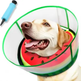 Inflatable Dog Cone Collar with Transparent Anti-Licking Shield, Soft Adjustable Elizabethan Collar for Medium Large Dogs, 2-in-1 Design with Detachable Shield and Comfortable Padding (M, Watermelon)