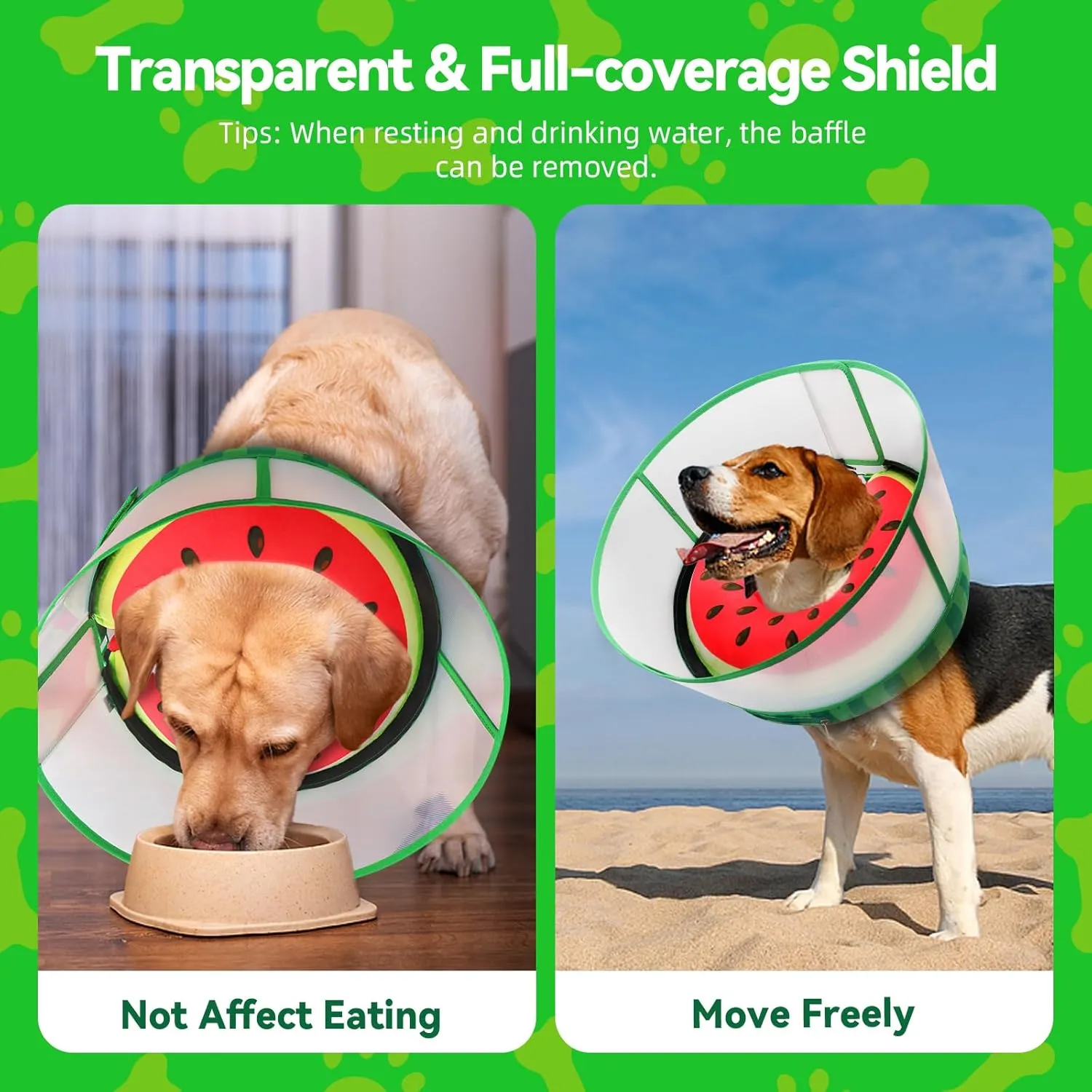 Inflatable Dog Cone Collar with Transparent Anti-Licking Shield, Soft Adjustable Elizabethan Collar for Medium Large Dogs, 2-in-1 Design with Detachable Shield and Comfortable Padding (M, Watermelon)
