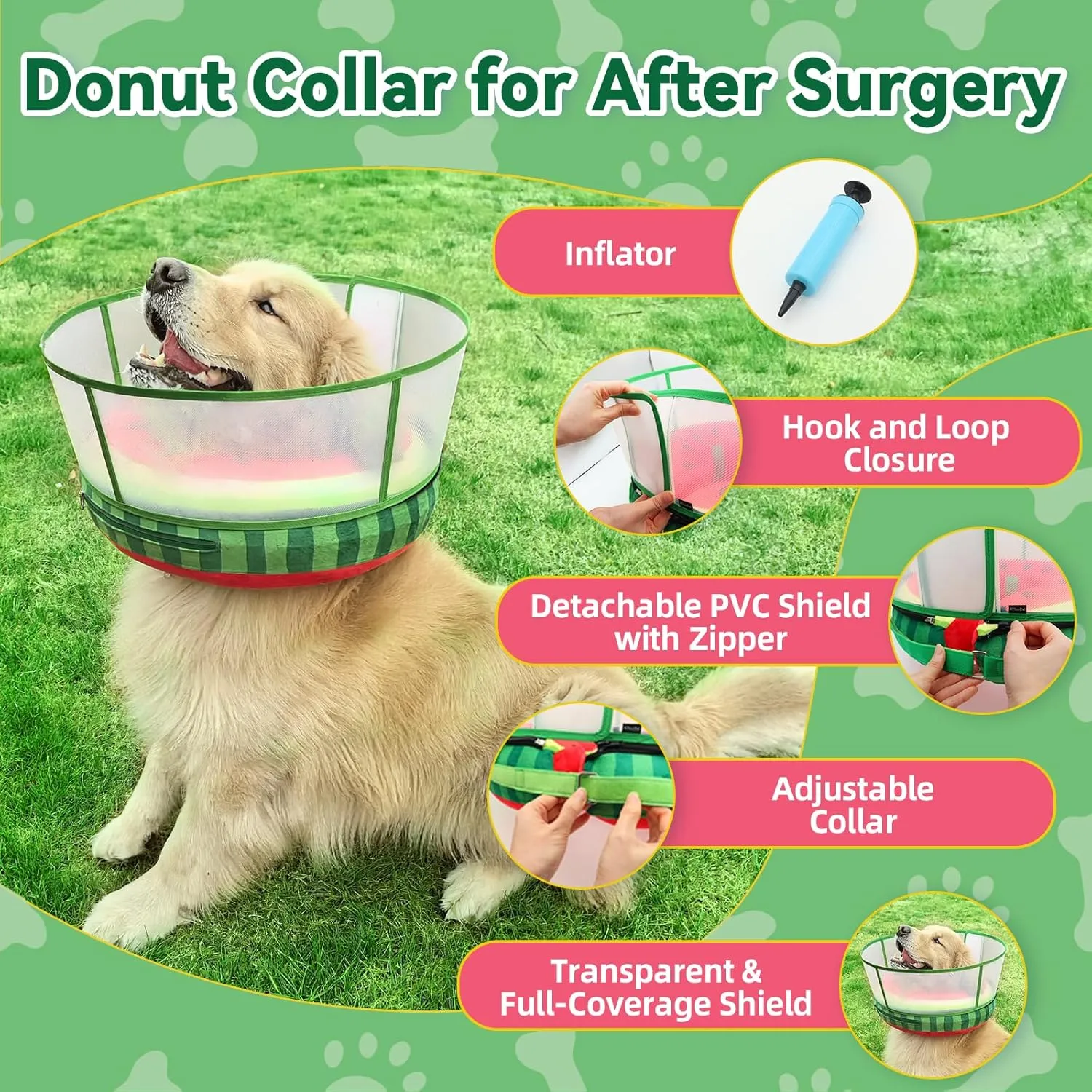 Inflatable Dog Cone Collar with Transparent Anti-Licking Shield, Soft Adjustable Elizabethan Collar for Medium Large Dogs, 2-in-1 Design with Detachable Shield and Comfortable Padding (M, Watermelon)