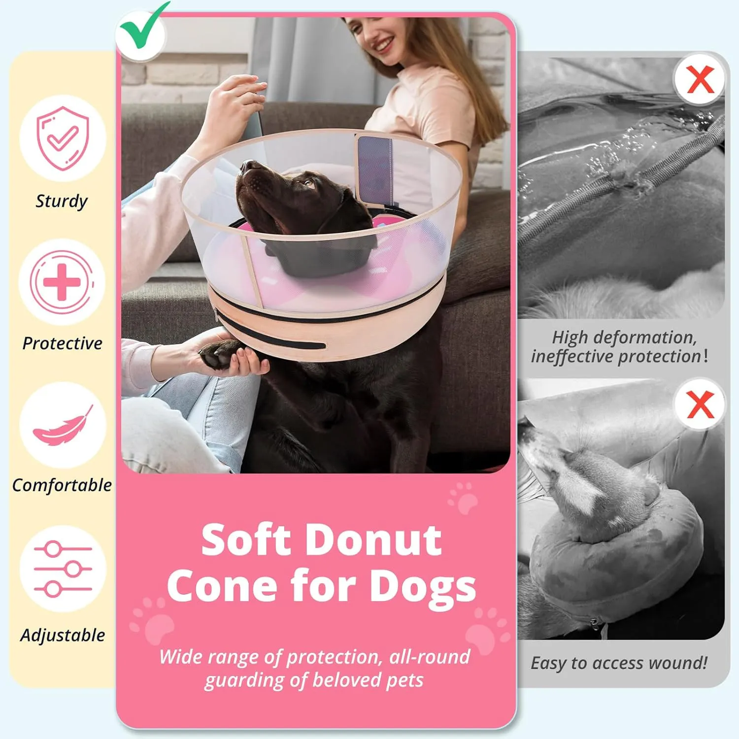 Inflatable Dog Cone with Transparent Shield, Protective Dog Donut Collar After Surgery to Stop Licking, Soft Donut Cone for Medium Plus Pets, Adjustable Recovery Collar with Buckle Visibility