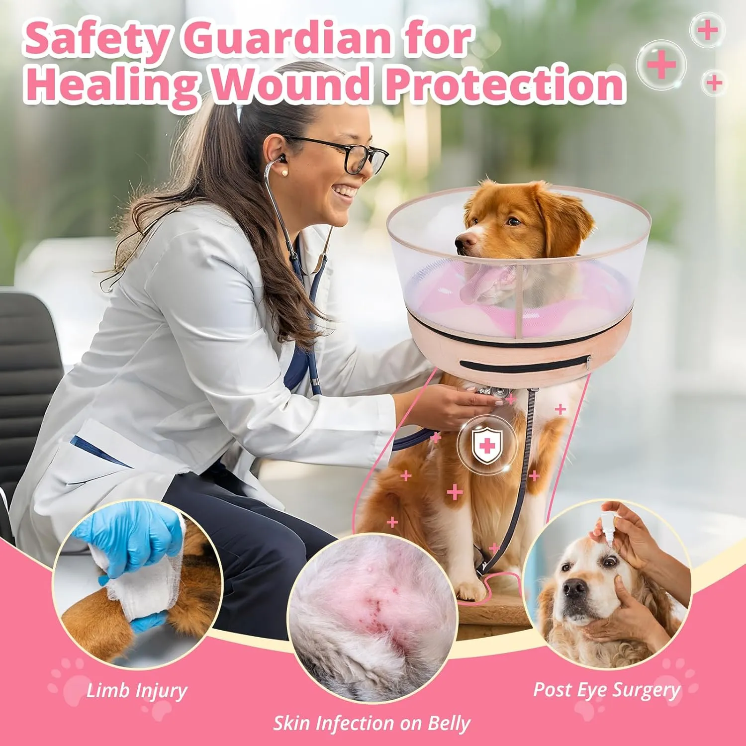 Inflatable Dog Cone with Transparent Shield, Protective Dog Donut Collar After Surgery to Stop Licking, Soft Donut Cone for Medium Plus Pets, Adjustable Recovery Collar with Buckle Visibility