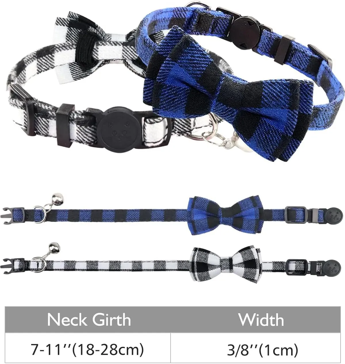 Joytale Upgraded Cat Collar with Bells, Breakaway Cat Collars with Bow Tie, 2 Pack Girl Boy Safety Plaid Kitten Collars, Black Blue