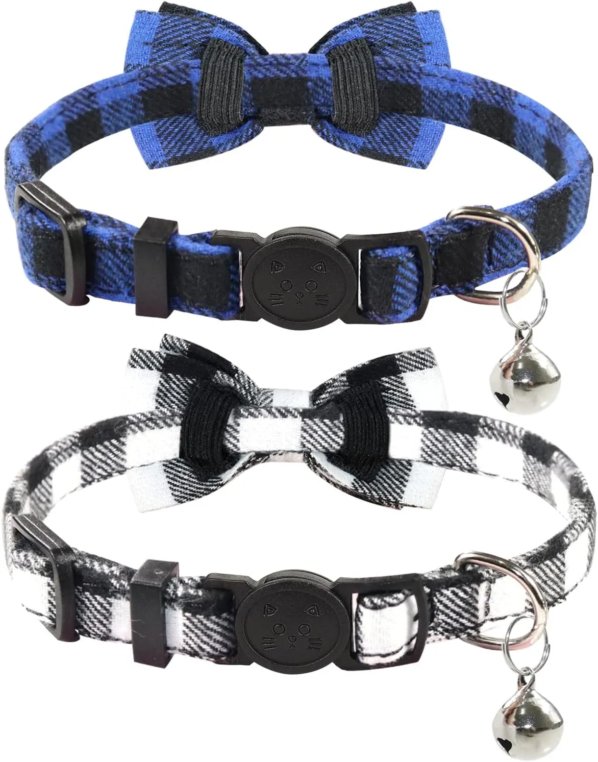 Joytale Upgraded Cat Collar with Bells, Breakaway Cat Collars with Bow Tie, 2 Pack Girl Boy Safety Plaid Kitten Collars, Black Blue