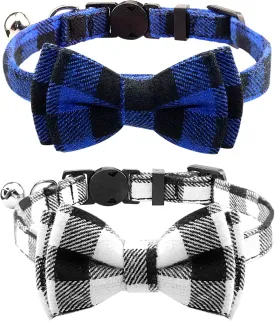 Joytale Upgraded Cat Collar with Bells, Breakaway Cat Collars with Bow Tie, 2 Pack Girl Boy Safety Plaid Kitten Collars, Black Blue