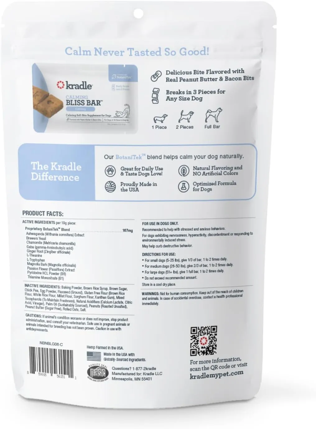 Kradle Bliss Bars - All-Natural Calming Peanut Butter Bars with GABA & L-Theanine for Happy, Relaxed Dogs - 6 Count