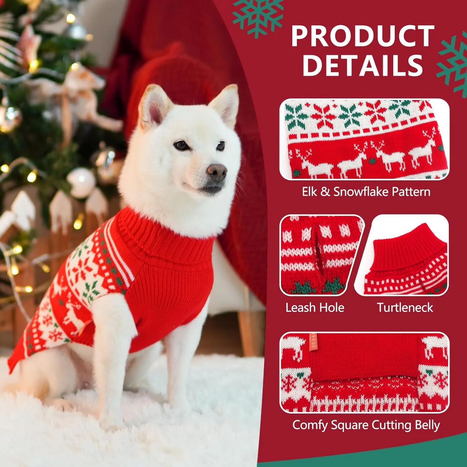 KYEESE Christmas Dog Sweater for Small Dogs - Snowflake Reindeer Design with Leash Hole - Warm Ugly Holiday Outfit, S