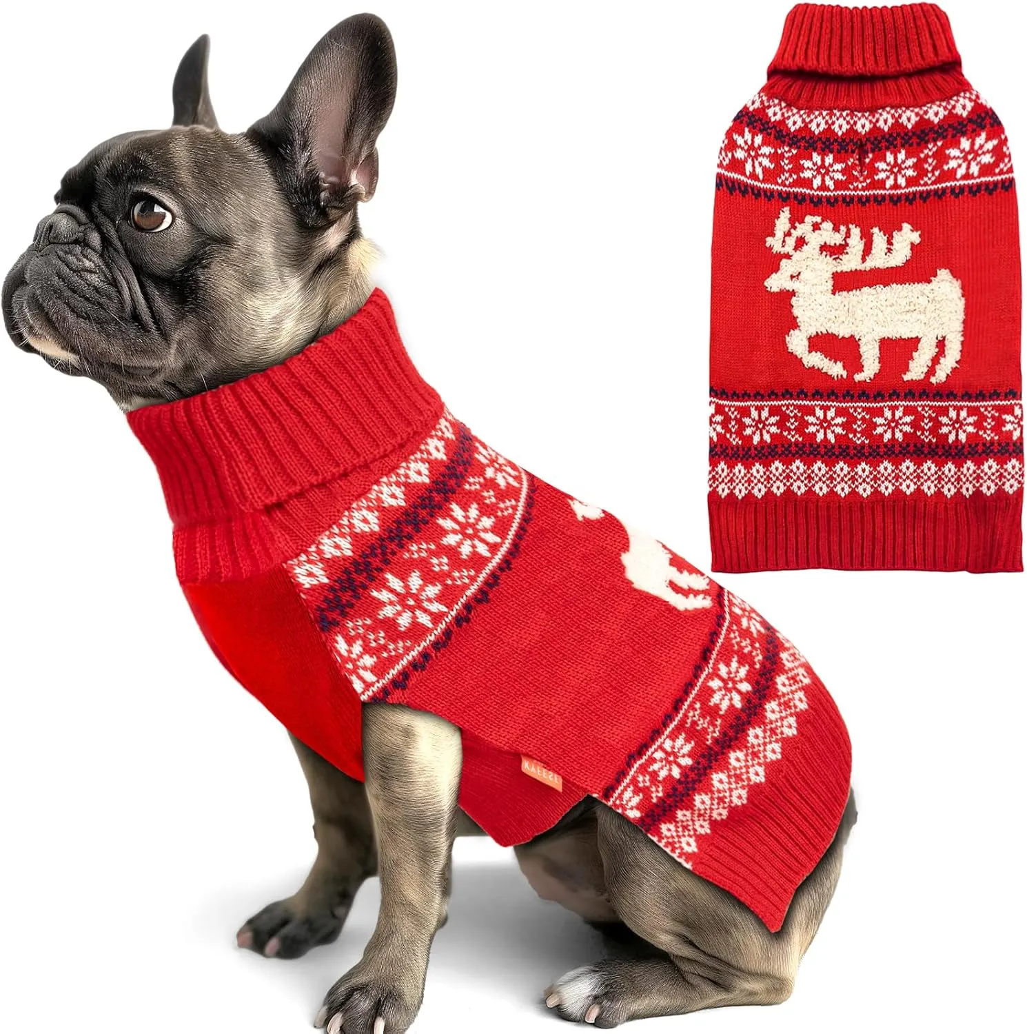 KYEESE Christmas Dog Sweater for Small Dogs - Turtleneck Reindeer Knitwear With Leash Hole - Holiday Outfit for Puppies and Cats, Reindeer, S