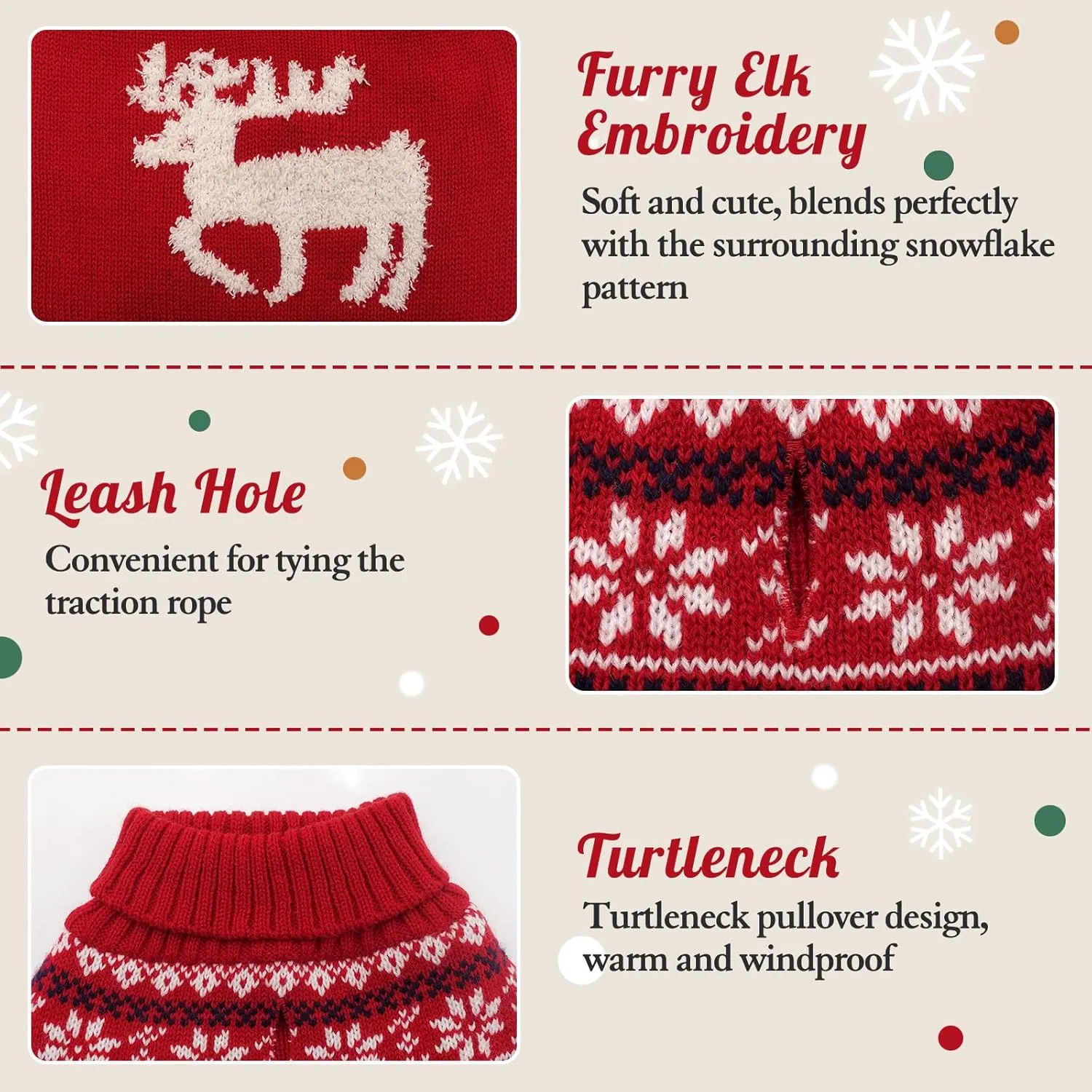 KYEESE Christmas Dog Sweater for Small Dogs - Turtleneck Reindeer Knitwear With Leash Hole - Holiday Outfit for Puppies and Cats, Reindeer, S