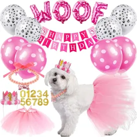 Maitys 13 Pcs Dog Birthday Party Supplies Cute Dog Girl Bandanas Set Pink Tutu Skirt Puppy Crown Hat Pearl Necklace Happy Birthday Banner 9 Pink Woof Paw Balloons Toy for Puppy Pet Cat