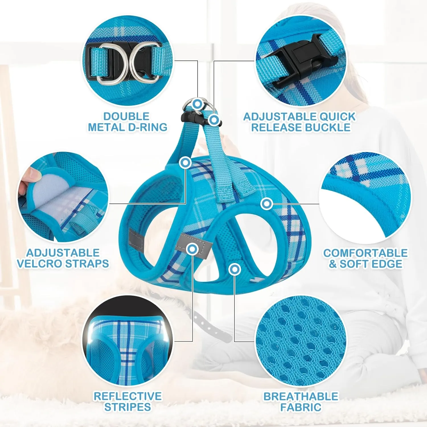 MoNiBloom No Pull Dog Harness w/Leash Set, Reflective Soft Puppy Padded Vest for Walking, Training, Easy to Put on Small Dogs - Sky Blue, XS