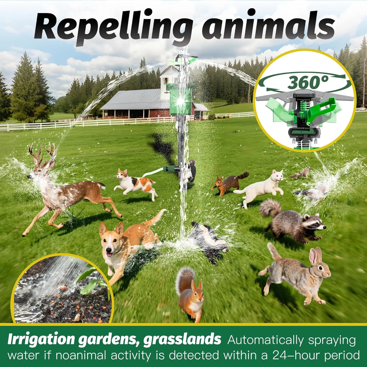Motion Activated Animal Repeller with Water Sprinkler and Flashing Light, Solar Powerd Deer Cat Repellent Outdoor Deer Deterrent - Keep Rabbits Shunks Dog Raccoons Birds Away from Lawn and Garden