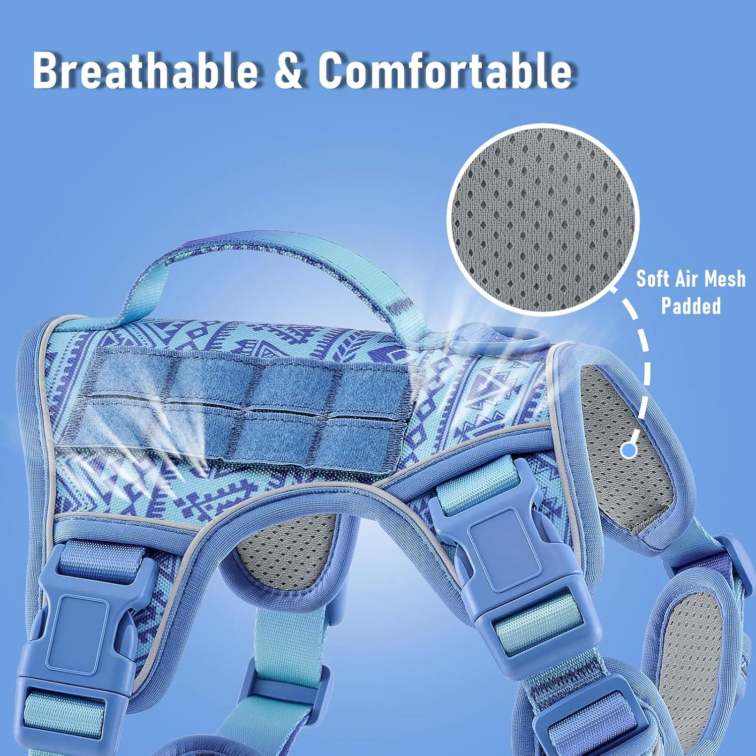 No Pull Dog Harness for Large Dogs with 2 Metal Clips, Easy On/Off with Neck Buckle, Heavy Duty Adjustable Tactical Puppy Vest, Breathable Pet Harness with Easy Control Handle, Blue L