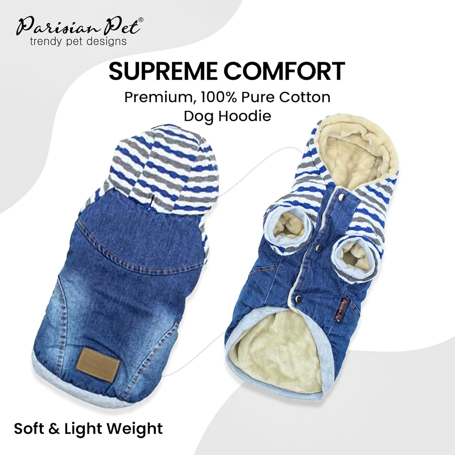 Parisian Pet Basic Dog Hoodie - Lightweight Denim Striped Sweatshirt - Pullover With Leash Hole and Pockets - Blue Cotton Clothes for Large Dogs - 3XL