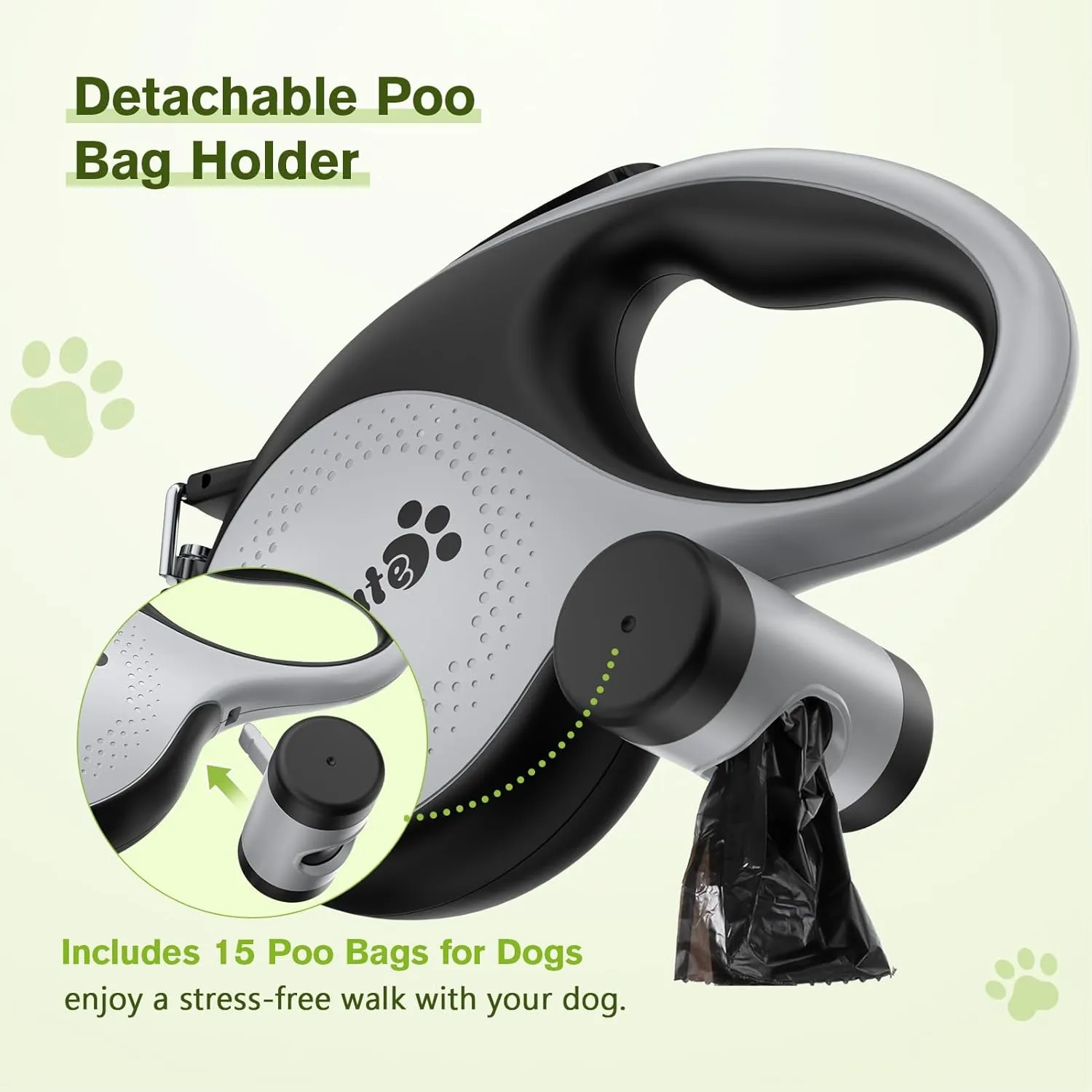 Pecute 26 ft Retractable Dog Leash, 360 Tangle-Free, Nylonup Leash, Heavy Duty Dog Leash with Anti-Slip Handle, Retractable Dog Leash Cord with Poop Bags Holder(Grey)