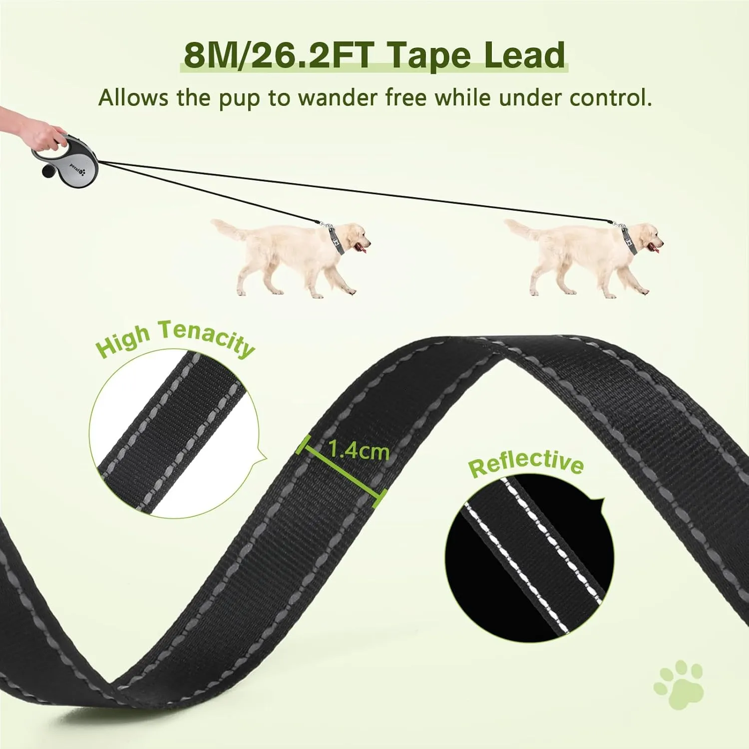 Pecute 26 ft Retractable Dog Leash, 360 Tangle-Free, Nylonup Leash, Heavy Duty Dog Leash with Anti-Slip Handle, Retractable Dog Leash Cord with Poop Bags Holder(Grey)