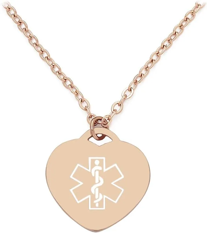 Personalized Girlfriend Gift Heart Medical Alert ID Necklace for Women Rose Gold Medical ID Dog Tag Pendant Chain 20" (Free Engraving)