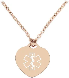 Personalized Girlfriend Gift Heart Medical Alert ID Necklace for Women Rose Gold Medical ID Dog Tag Pendant Chain 20" (Free Engraving)