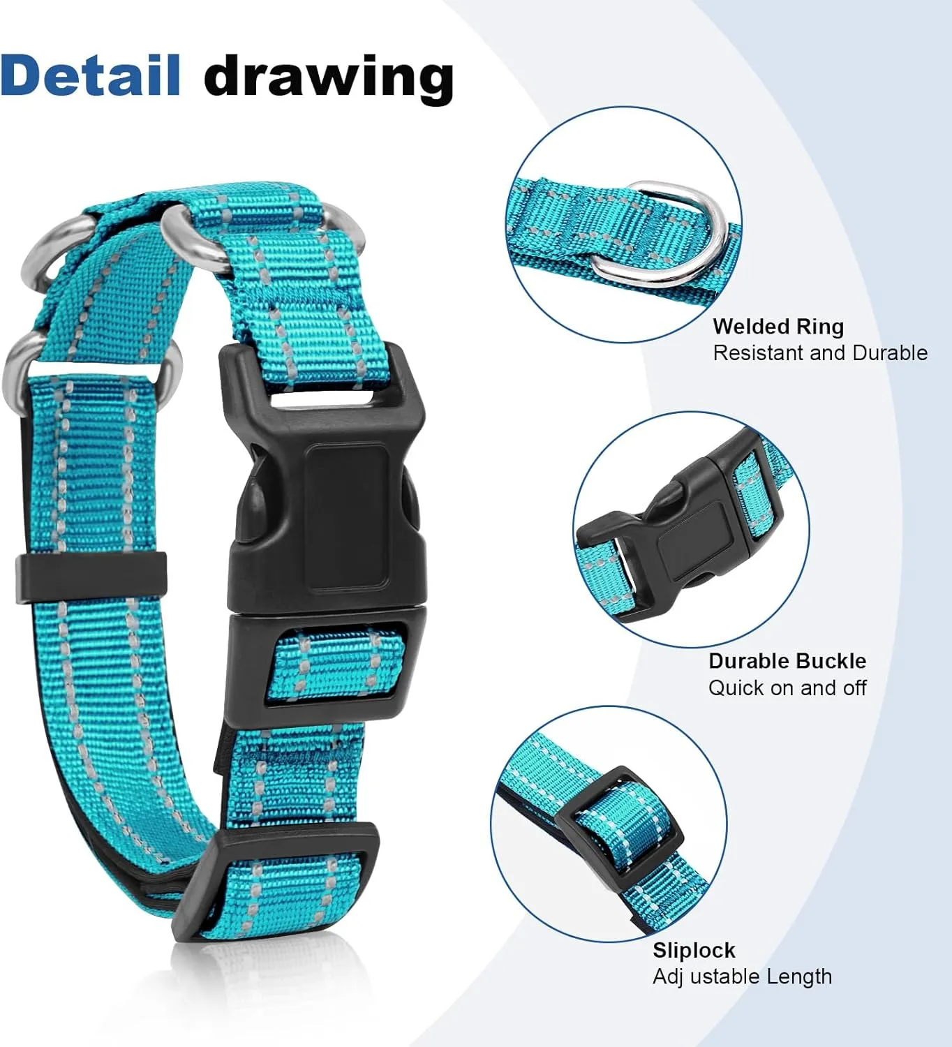 Reflective Martingale Dog Collars. Dog Collar with Quick Release Buckle. Adjustable Soft Padded Breathable Nylon Pet Collar Suitable for Puppies for Small Medium Large Dogs.