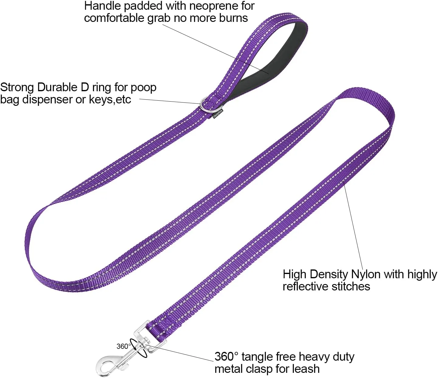 Reflective Nylon Dog Leash for Walking,Strong Dog Leash with Padded Handle for Puppy and Small Dogs,6 FT,Purple