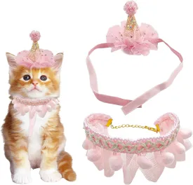 RUKUHOT Birthday Hat Scarf Set for Pet Puppy Cat, Cute Lace Bandana Bib Scarf Crown Hat Princess Costume for Cats Small Dogs,Pink Outfit for Birthday Party